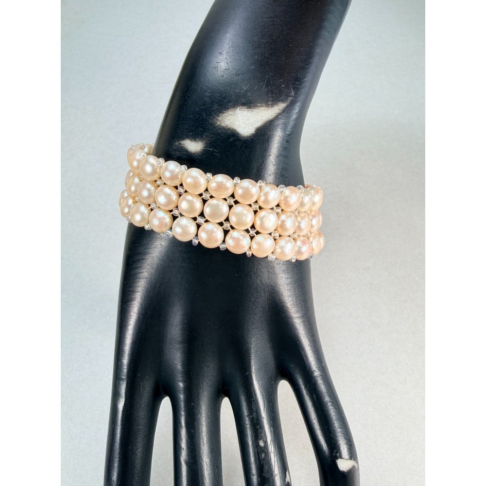 Vintage Natural Freshwater Pearl Wide Stretch Bracelet 3 Row Statement MCM